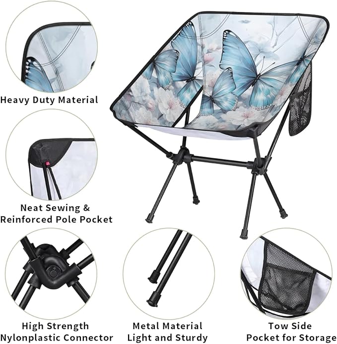 Portable Camping Chair Flowers Butterfly Ultralight Folding Camping Chair Abstract Butterfly Backpacking Hiking Chair with Cup Holder for Outdoor Travel Beach Picnic Festival 176 lbs Capacity
