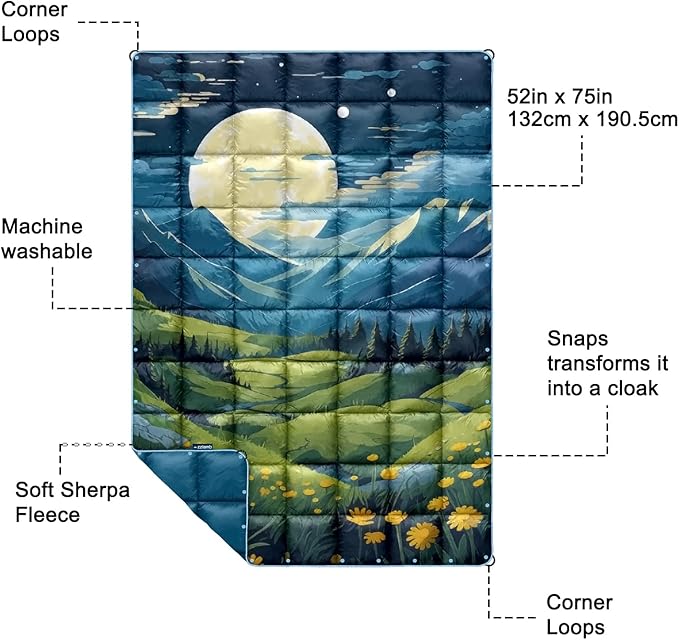 zzlamb Camping Blanket for Cold WeatherOutdoor Puffy Blanket Portable Down AlternativeWindproof Warm Cloak with SnapsCozy Quilt Backpacking Picnic RV Travel Plane Car Hammock Beach Climbing
