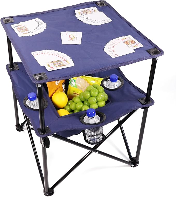 Portable Folding Camping Table with Cup Holders – Lightweight &amp Compact 2-Tier Outdoor Table with Storage Ideal for Card Games Snacks Picnic Tailgating &amp Camping (Navy Blue)