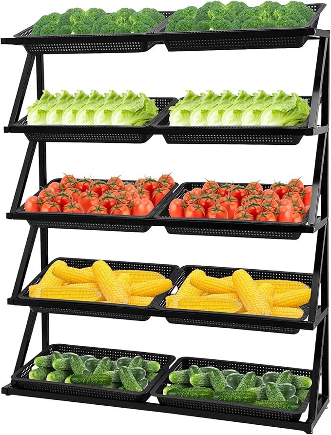 59.06in 5 Tier Retail Display Rack Market Shelf Metal Wire Display Shelf Fruit Vegetable Snack Basket Set Shelf 220 Lbs Capacity 10 Hollow Plastic Storage Containers Protective Covers