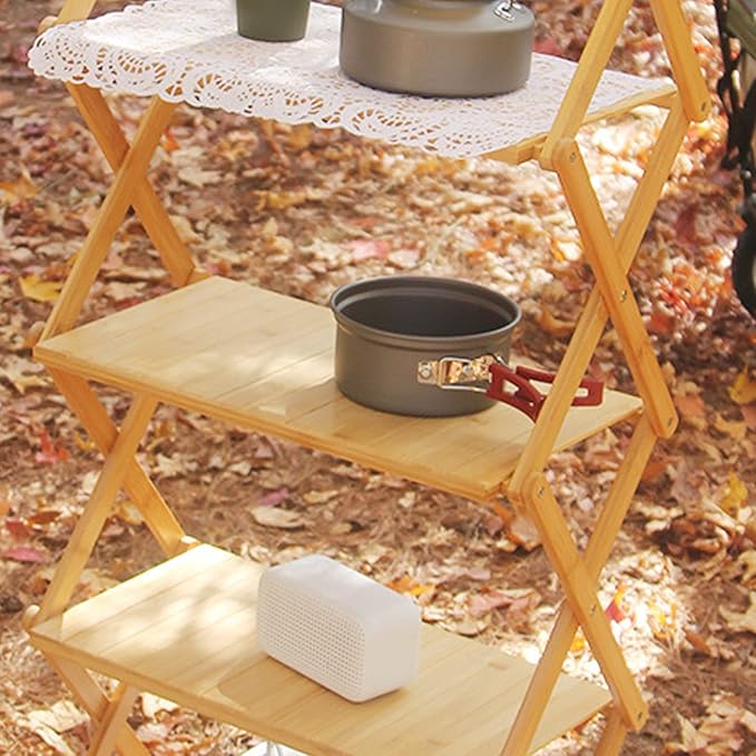 Wood Rack Portable Strong Bearing Capacity Folding Wooden Shelf for Outdoor Picnic 3 Layer Down Into Lightweigh Wood RackFolding Wooden ShelfCamping Portable Folding ShelfFolding (3 Layers)