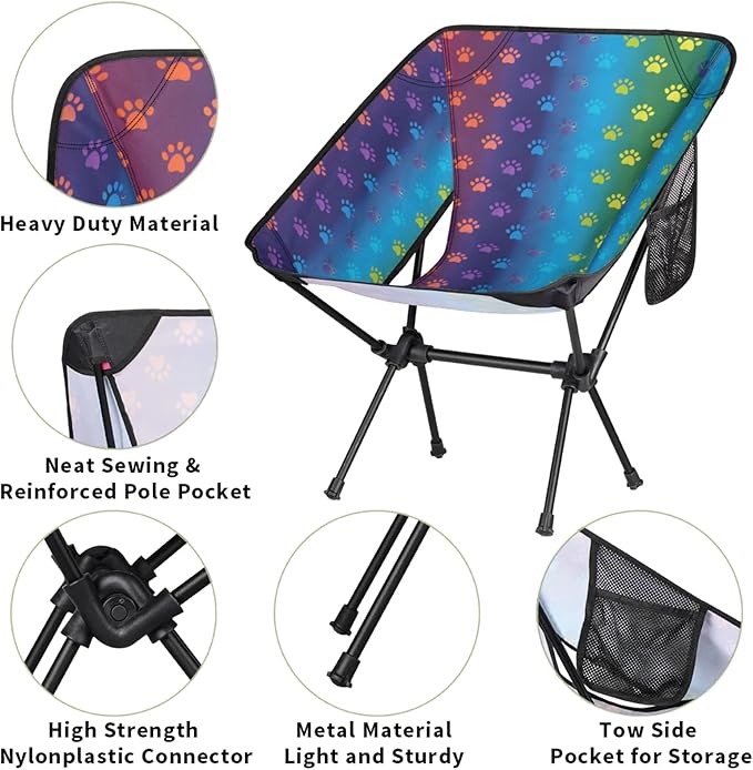 Honeybaby Folding Camping Chair Rainbow Paw Print Camping Chairs Lightweight Portable Chair Outdoor Foldable Chairs for Camping Travel Picnic Beach Hiking