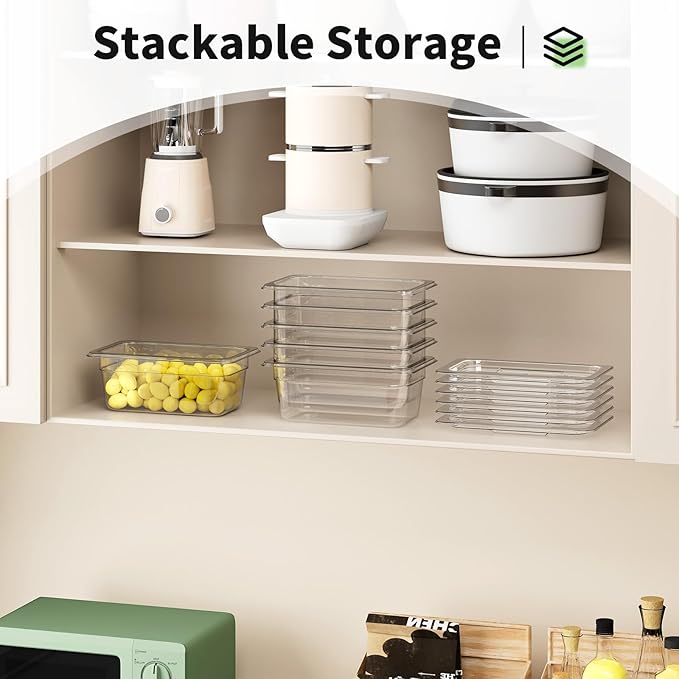 1/4 4'' 6 Pack Plastic Food Pans With Lids Clear Food Pan Commercial Stackable Polycarbonate Freezer-Safe for Fruits Vegetables Restaurant Kitchen