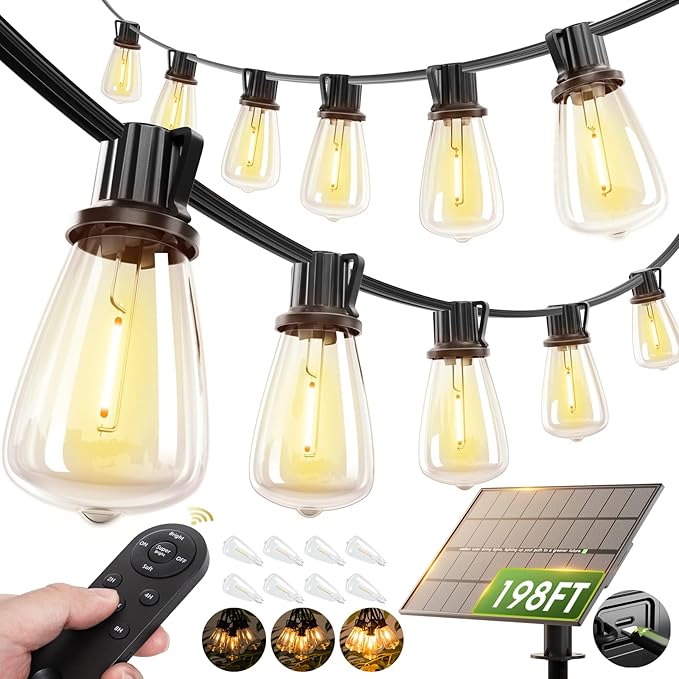 addlon 198(192+6) FT Solar String Lights Outdoor Waterproof with Remote 96+8 LED Shatterproof Bulbs Dimmable &amp Timable Solar Lights Outdoor Patio Lights for GardenBackyardPartyCamping Decor