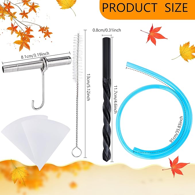 30 Pcs Maple Syrup Taps Kit Include 8 Pcs Taps Spiles with Hooks 4 Pcs Filtering Funnel 1 Pcs Drill Bit 8 Pcs Blue Food Grade Maple Syrup Tubing With 1 Pcs Spile Cleaning Brush