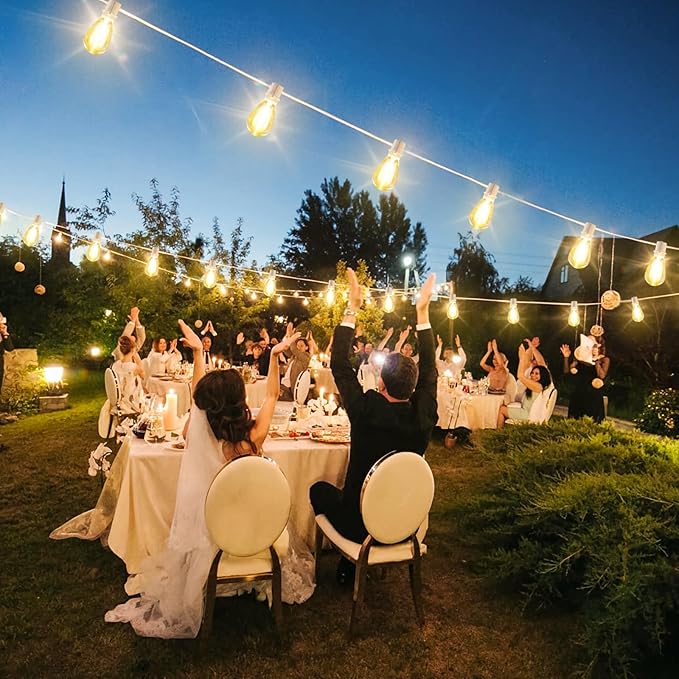 192FT(2x96FT) LED Outdoor String Lights Linkable Patio Light with 60+3 2700K Waterproof Dimmable Hanging Bulbs for Pergola Cafe Wedding-White