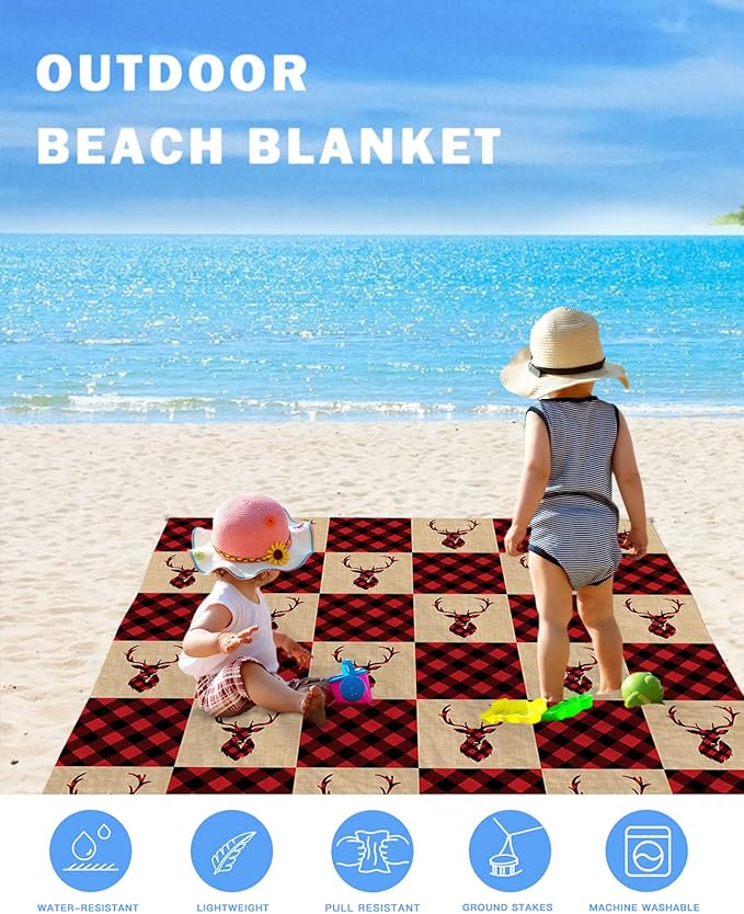 Beach Blanket Waterproof Sandproof Christmas Elk Antlers Red Lattice Quick Drying Beach Mat with 4 Stakes Black Buffalo Plaid Retro Linen Lightweight Picnic Blanket for Travel Camping 118x108