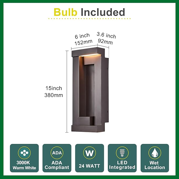 Modern Outdoor LED Wall Lights 15 H Outside Art Wall Sconce Bronze Wall Mount Fixture with Integrated LED 24W 2200LM 3000K IP65 Waterproof Exterior Lamp for House Porch Garage