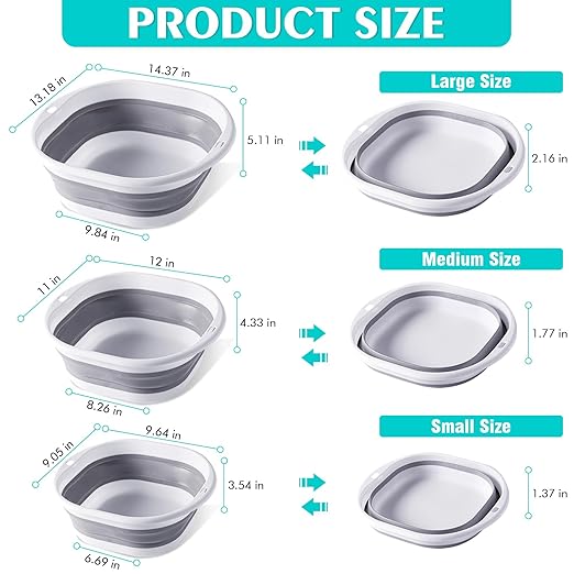 Collapsible Basin 3 Set Foldable Wash Basin Plastic Laundry Tub Space Saving Wash Tub for Dish Fruit Camping Laundry Hiking &amp Home (Grey)