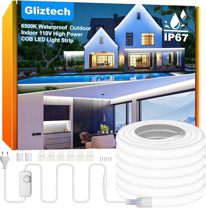IP67 Waterproof COB LED Strip Lights AC 110V-120V Direct Plug 66FT Super Bright Outdoor Strip Lights with Double Fuse Controller 6500K White LED Strips for Garden Patio Commercial Decor