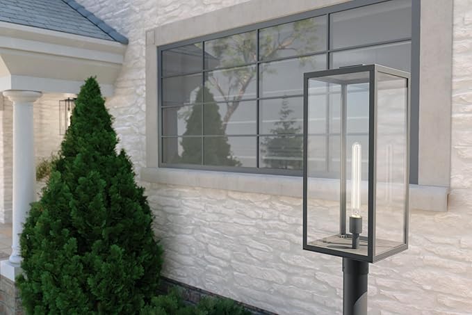 Kichler Branner 25.5 in. 1-Light Textured Black Luxe Updated Traditional Outdoor Post Light with Clear Glass for Walkways and Driveway