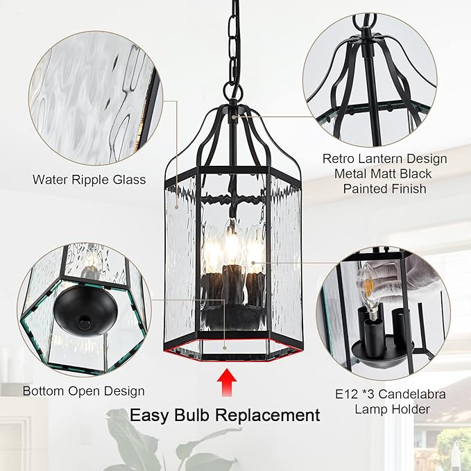 8 Modern 3-Light Exterior Black Lantern Pendant Light Fixture with Clear Rippled Glass Mini Industrial Hanging Cage Chandelier for Outdoor Kitchen Dining Room Hallway Entryway Foyer Porch