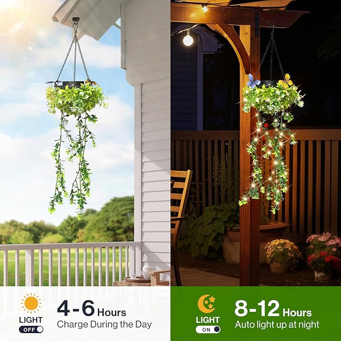 Solar Hanging Garden Lights for Spring Summer 2 Pack 66 LEDs Realistic Flower Vine Fairy String Lights IP65 Waterproof Outdoor Decor for Garden Patio Fence 8-12 Hrs Auto Lighting Mother‘s Gift