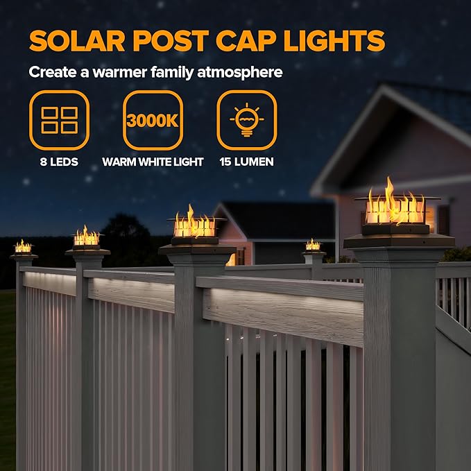 LUTEC 6 Pack Solar Post Cap Lights IP65 Waterproof Solar Flame Fence Post Lights for 4x4 5x5 6x6 Wooden/Vinyl Posts Flickering Flame Warm White 3000K LED Lighting Decor for Yard Patio Deck Black
