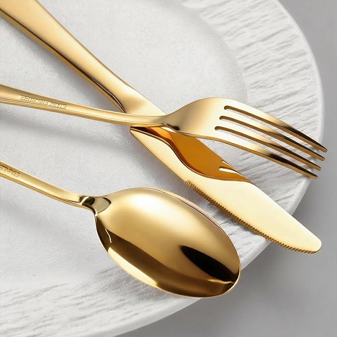 60 Piece Gold Silverware Set for 20 18/0 Stainless Steel Heavy Forks Spoons and Knives Set Mirror Finish Gold Flatware Dishwasher Safe for Family Picnics Daily Gatherings