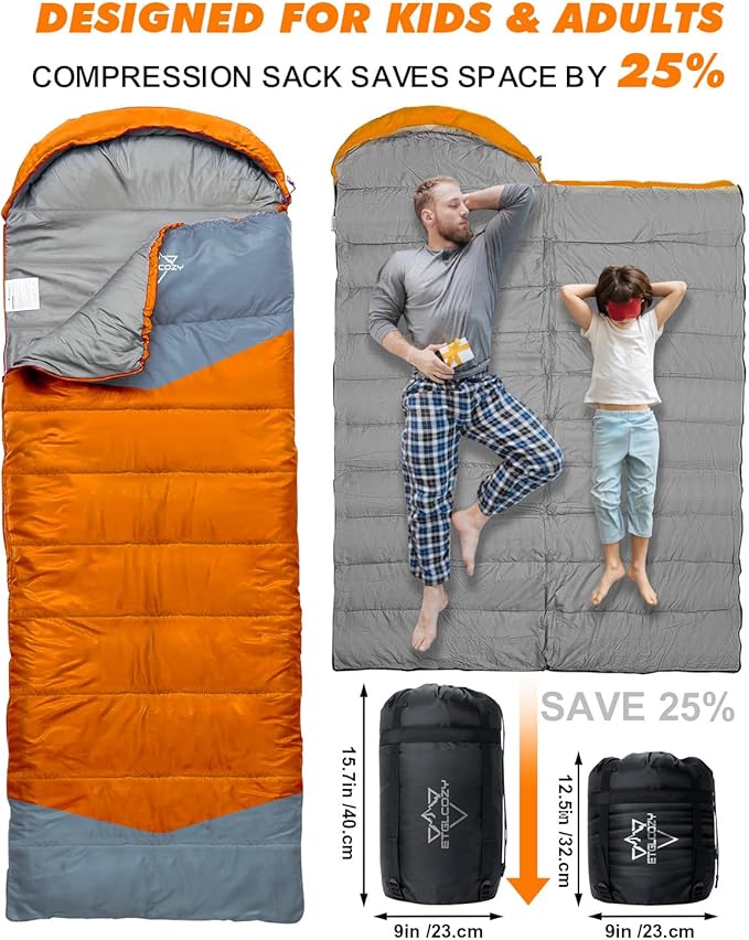 Lightweight 3-Season Sleeping Bag for Adults/Kids Camping Compact w/Compression Sack Waterproof Ripstop Portable for Backpacking Hiking Travel