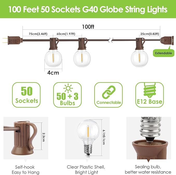 Mlambert 100Ft LED Outdoor String Lights Dimmable G40 Globe Patio Lights with 50+3 Waterproof Shatterproof Bulbs for Backyard Porch-Brown Cord 1 Pack