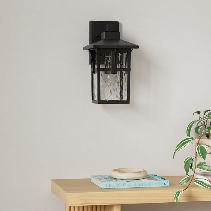 HWH INVESTMENT Outdoor Indoor Wall Sconce Exterior Wall Lantern with Seeded Glass Shade Waterproof Porch Light Fixtures for Doorway Hallway Garage Matte Black 5HX62B BK