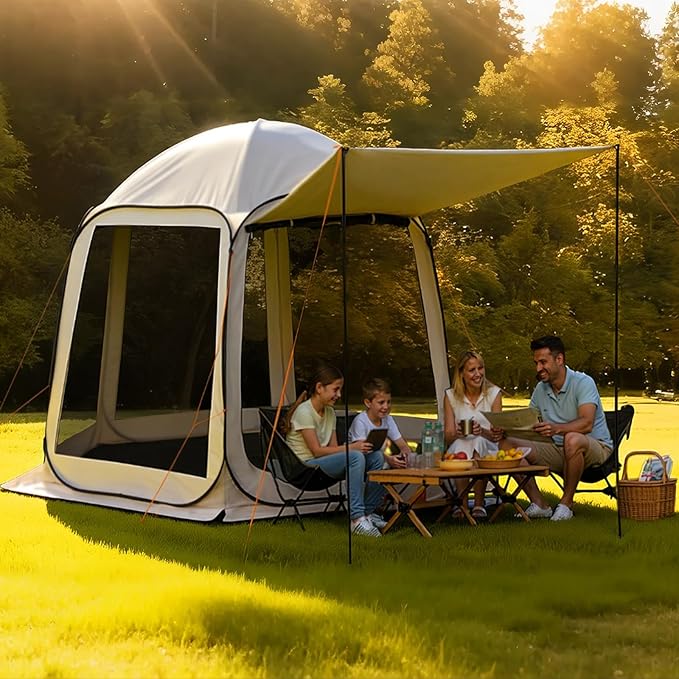 Pop Up Screen House Tent VEVOR 10 x 9.2 FT Pop-Up Screen Room with Awning Portable Screen Tent Gazebo for 4–8 Person Instant Screen Canopy with Carry Bag for Patio Backyard Camping