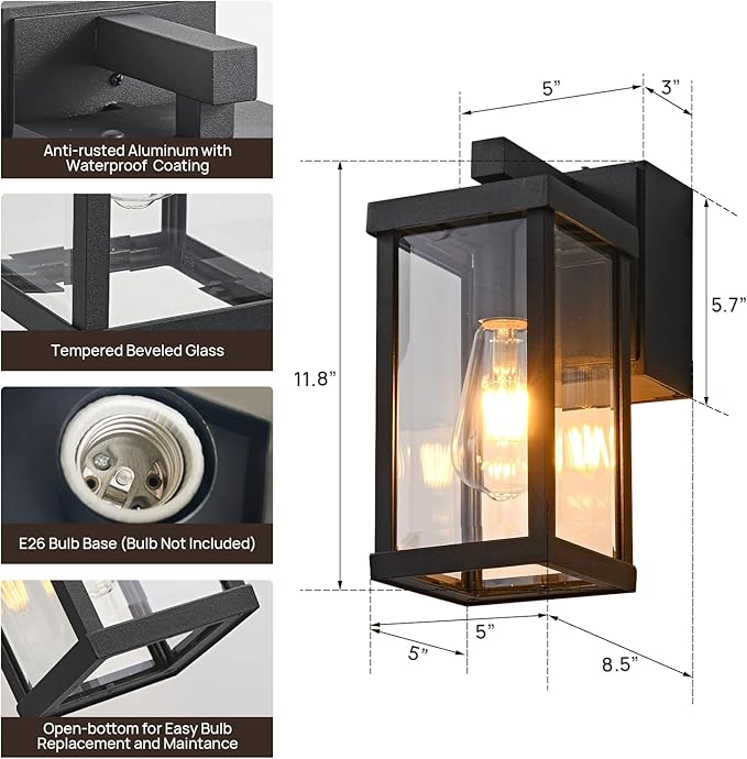 Dusk to Dawn Porch Lights with GFCI Outlets Waterproof Outdoor Wall Lights Exterior Lighting Fixtures Modern Outside Lights Wall Mount for House Patio GarageBlack11.8''H 2 PC