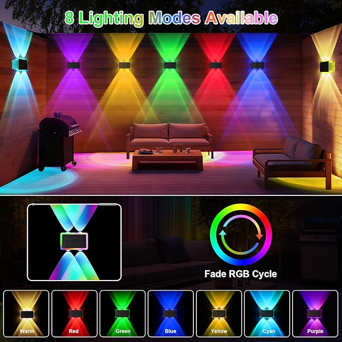 Solar Fence Lights Outdoor New Up Down Lighting Fence Lights Solar Powered with 8 Modes Warm White/RGB IP65 Waterproof Solar Wall Light for Backyard Wall Pathway Deck Patio Decor - 8 Pack