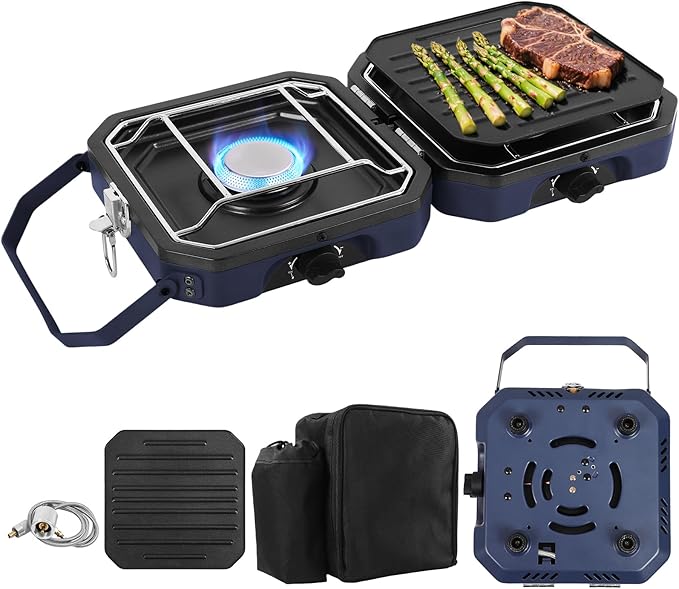 Dollate 2-Burner Propane Stove with Griddle and Carrying Bag Portable Foldable Camping Stove with 2 Adjustable Burners 16000 BTUsfor Camping Tailgating Essentials Gear (Blue)