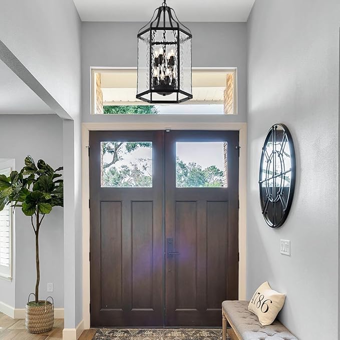 14 Modern 8-Light Exterior Black Lantern Pendant Light Fixture with Clear Rippled Glass Mini Industrial Hanging Cage Chandelier for Outdoor Kitchen Dining Room Hallway Entryway Foyer Porch