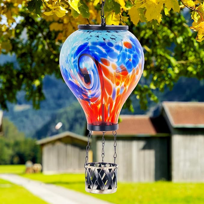 Starsoul Unique Hot Air Balloon Solar Lantern Glass Outdoor Hot Air Balloon Solar Flickering Flame Light Waterproof Hanging Lantern with Big Basket for Garden Yard Patio Decor