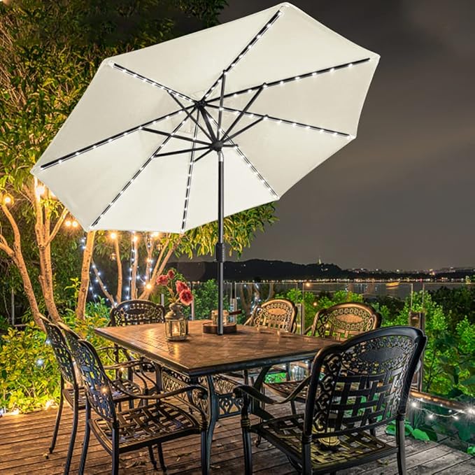 EliteShade USA 10-Year-Non-Fading Solar 9ft Market Umbrella with 80 LED Lights Patio Umbrellas Outdoor Table Umbrella with Ventilation Natural