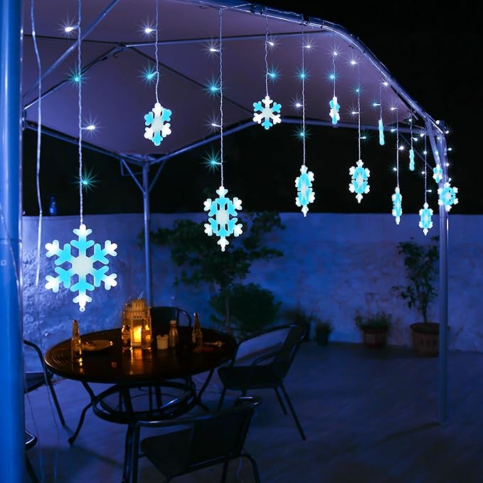 Christmas Snowflake Lights 10.66ft 168 LED Icicle Lights Outdoor with 14 Drops 8 Modes Waterproof Connectable Christmas Light for Eaves Wedding Garden Yard Indoor Xmas Decor (White &amp Icicle Blue