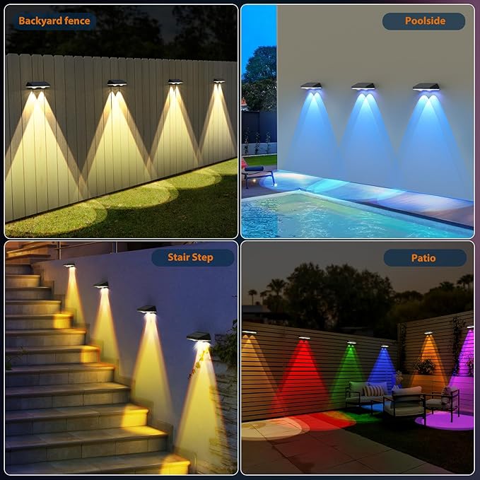 Solar Fence Lights RGB &amp Warm White &amp 6 Colors Bright Lens LED Dusk to Dawn Deck Light Fence Solar Lights Outdoor Waterproof Solar Outdoor Lights for Backyard/Railing/Wall/Step/Patio/Pool (
