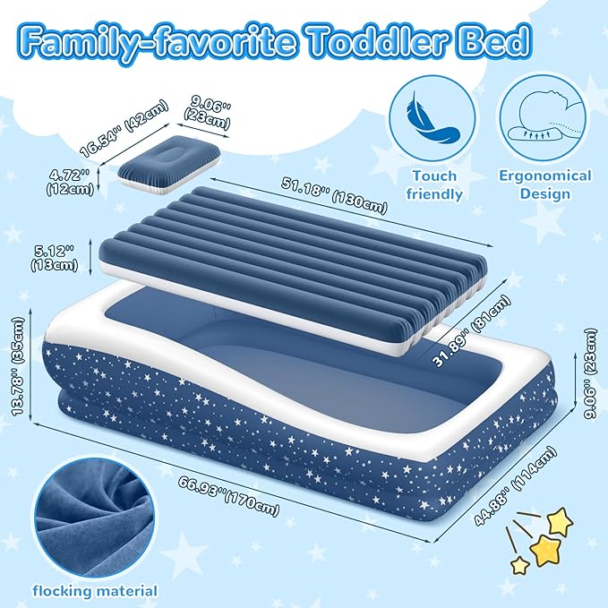 Inflatable Toddler Travel Bed: Portable &amp Safety - Blow Up Toddler Bed Travel with 4 Sides - Kids Air Mattress Ideal for Outdoor Camping - Easy to Inflate Deflate and Clean (67” Blue)