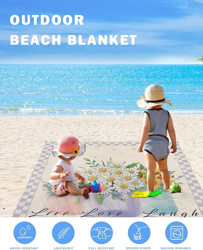 Beach Blanket Daisy Rustic Floral Live Love Laugh Farmhouse Purple Plaid Beach Mat 118x108 Large Picnic BlanketSandproof Waterproof Outdoor Beach Blankets for Travel Camping Hiking Beach Vacation