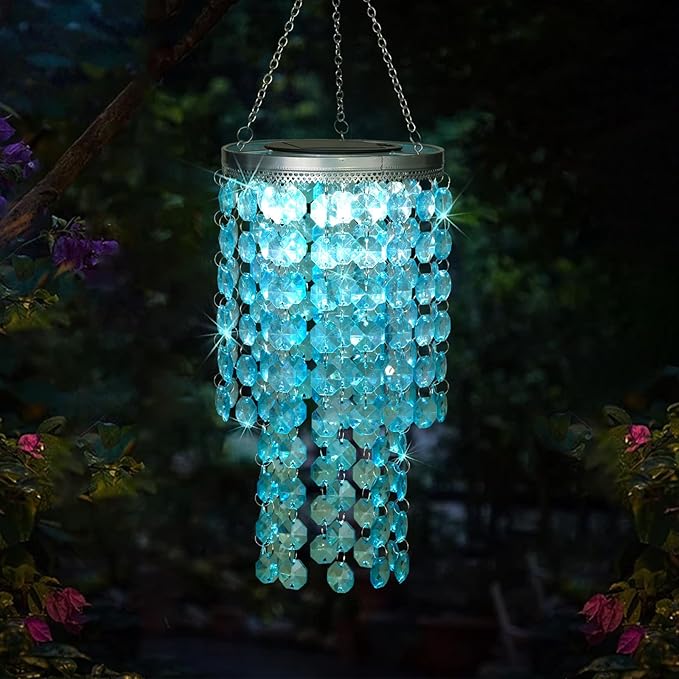 Hanging Solar Crystal Chandelier Outdoor 21” Modern Solar Blue Acrylic Beaded Lantern with Cool White LED S Hooks for Garden Yard Patio Gazebo Outside Decor