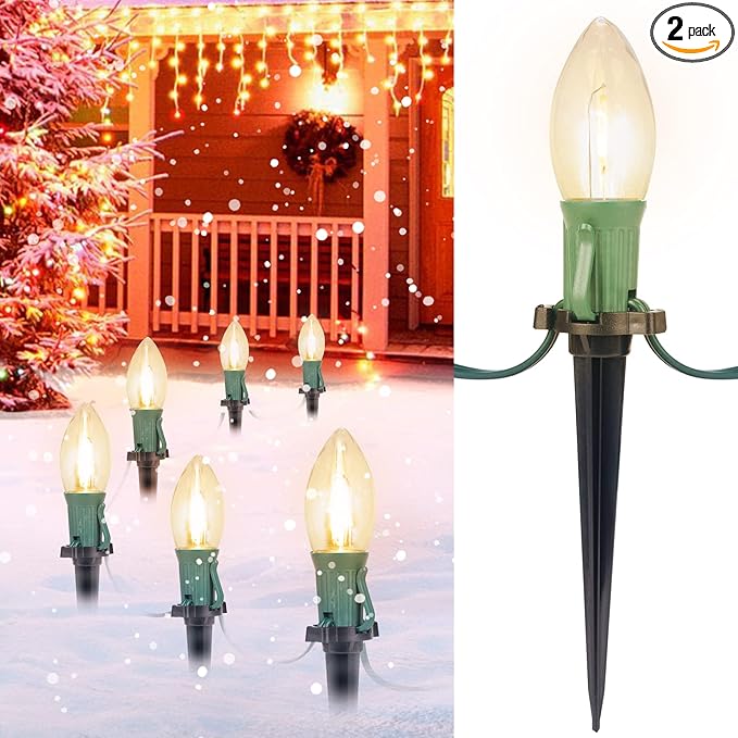 Brightown 2 Pack C9 Christmas Pathway Lights Outdoor Total 51.4 FT 40 LED C9 Pathway Lights Waterproof Connectable Christmas Walkway Light for Yard Ground Sidewalk Driveway Warm White