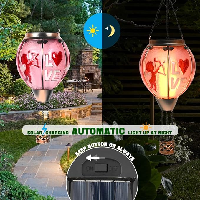 Hot Air Balloon Solar Lantern - Valentine's Day Glass Lantern Simulated Flickering Dancing Flame Outdoor Hanging Sunflower Yard Light Waterproof IP65 for Valentines Gift