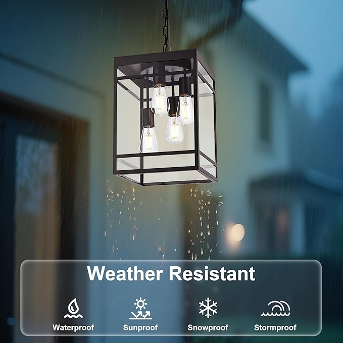 4-Light Outdoor Pendant Lights for Porch Oil Rubbed Bronze Outdoor Chandelier 15.7'' Exterior Hanging Porch Light Fixtures w/Clear Glass Waterproof Outside Pendant Lantern for Garage Foyer