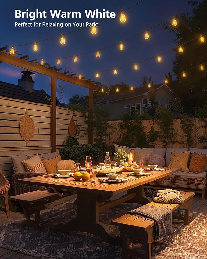Brightown 202FT Solar String Lights Outdoor Waterproof with Remote 65+2 LED Shatterproof Bulbs Dimmable &amp Timable 3 Light Modes - Commercial Grade Patio Lights for Garden Backyard Party Decor