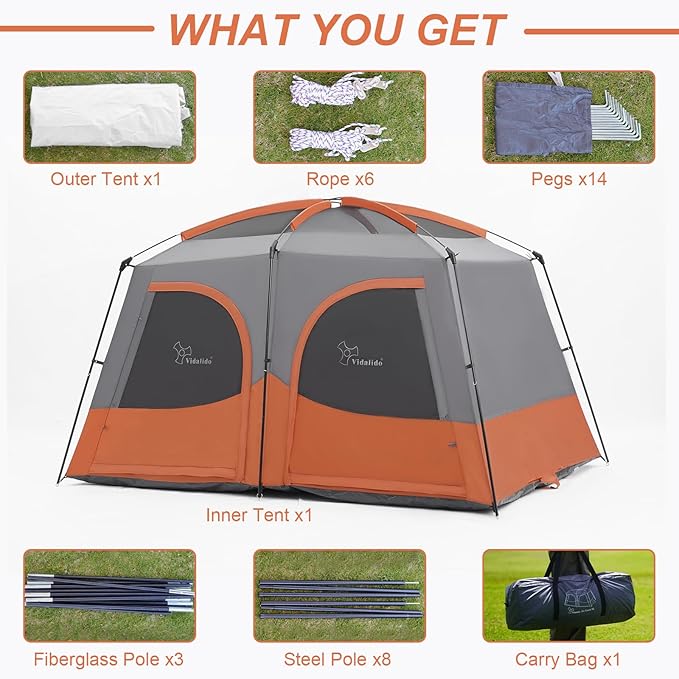 Vidalido Tents6-8 Person Camping Tent with Extended Vestibule2 Room Weather Resistant Family TentsEasy Install Waterproof Outdoor Tent for Backpacking and Camping Hiking