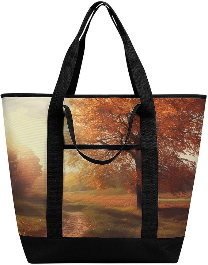 Insulated Shopping BagLarge Reusable Cooler Bags Autumn Scene Printed Foldable Shopping BagTravel Waterproof Shoulder Bag