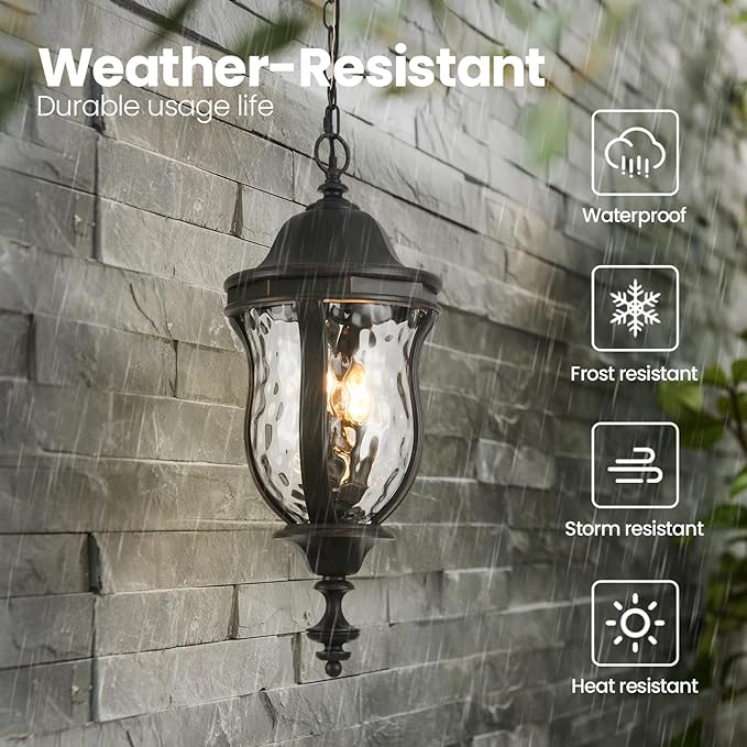 Large Outdoor Pendant Light Fixtures 23.6'' Exterior Hanging Lantern Porch Light Adjustable Black Brush Red Hanging Lamp Farmhouse Exterior Chandelier Ceiling Mount for Entrance Patio