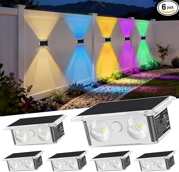 TECKNET Solar Fence Lights 6 Pack 8 Modes RGB Color Changing Up Down Lights &amp 200°Wide Lighting IP66 Waterproof Dual-Lens LED Decorative Lights for Wall/Garden/Fence/Patio/Backyard