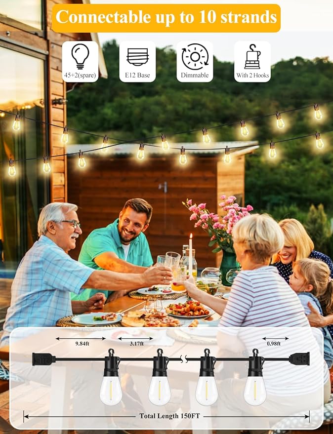 Brightever 150FT Outdoor String Lights Patio Lights with 45+2 S14 Shatterproof E12 Base LED Bulbs Outside Hanging Decorative Lights Waterproof for Porch Balcony Backyard Bistro 2700K Dimmable