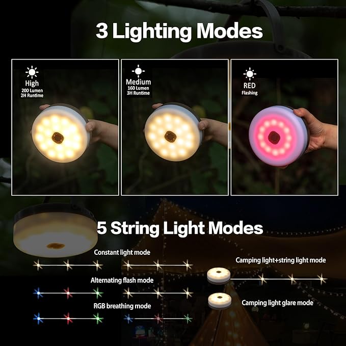 Solar Camping String Lights 4 in 1 Camping String Lights Outdoor(39.4ft) with 8 Lighting Modes Solar Powered and USB Rechargeable Light with Remote Control for Camping Yard and Hiking