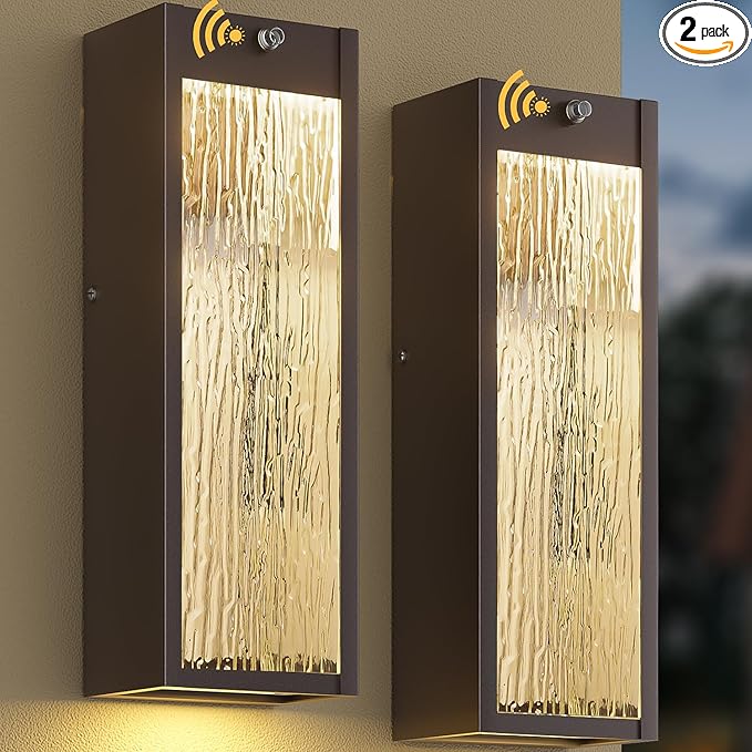 Dusk to Dawn LED Outdoor Wall Light 2 Pack Bronze 15in Exterior Waterproof Porch Sconces Large Modern Water Rippleed Outdoor Lighting Wall Mounted Outside Lantern for Garage Front Door