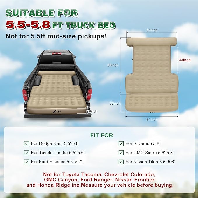 Truck Bed Mattress 5.5 FT Tailgate Extendable Truck Bed Air Mattress 5.5-5.8ft Full Size Electric Pump Heavy-Duty Easy Setup Large Carry Bag