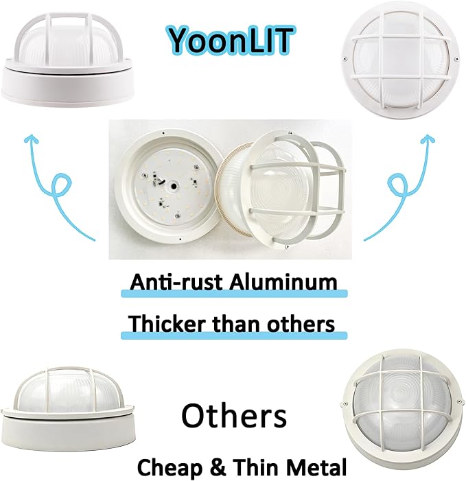 YoonLIT 8.0 inch Outdoor Round LED Bulkhead Light Fixture Wall or Ceiling Flush Mount Waterproof for Porch Basement Hallway Balcony 11.5W 900 Lumens 5000K White Finish 1-Pack