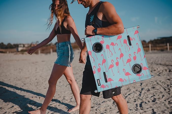 Neso Beach Table - Lightweight Portable and Foldable Table for Beach Camping and Outdoor Adventures - Stable Surface - with Cup Holder for Drinks and Phone Pockets - Flamingos