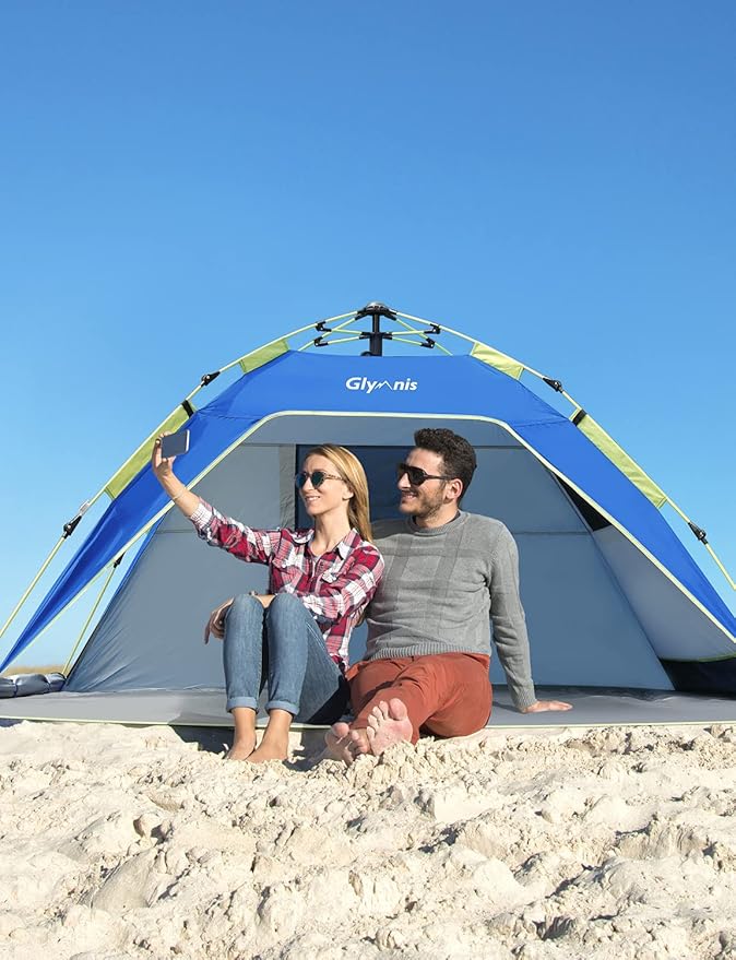 Glymnis Pop Up Beach Tent Sun Shade Shelter for 3-4 Person with UPF 50+ Lightweight &amp Easy Setup Vent Windows &amp Zippered Door Extended Floor Family Instant Beach Tent