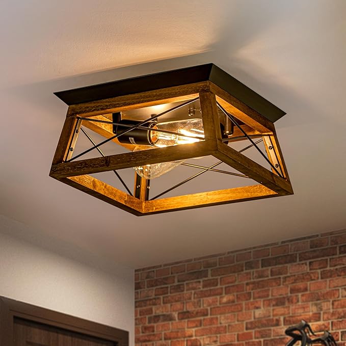 Farmhouse Ceiling Light 2-Light Flush Mount Light Fixture with Metal and Wood Design Rustic Light Fixture for Kitchen Entryway Hallway Bedroom